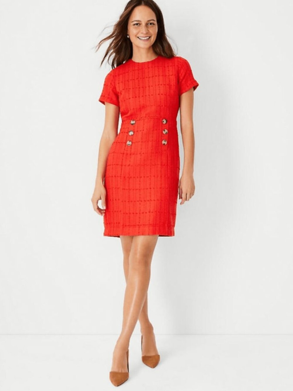 Ann Taylor Women's Vermillion Kiss Tweed Button Trim Shift Dress - Size 8